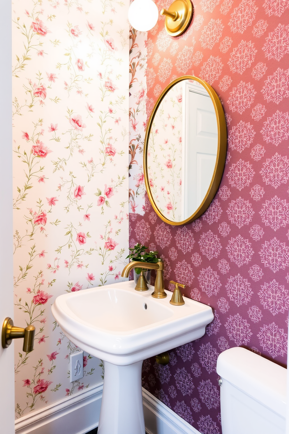 A charming powder room adorned with seasonal wallpaper that features delicate floral patterns in soft pastel colors for spring. In the winter, the wallpaper transforms to showcase rich, deep hues with intricate snowflake designs, creating a cozy atmosphere. The powder room includes a stylish pedestal sink with a vintage-style faucet and a circular mirror framed in brushed gold. A small potted plant sits on the windowsill, adding a touch of greenery and freshness to the space.