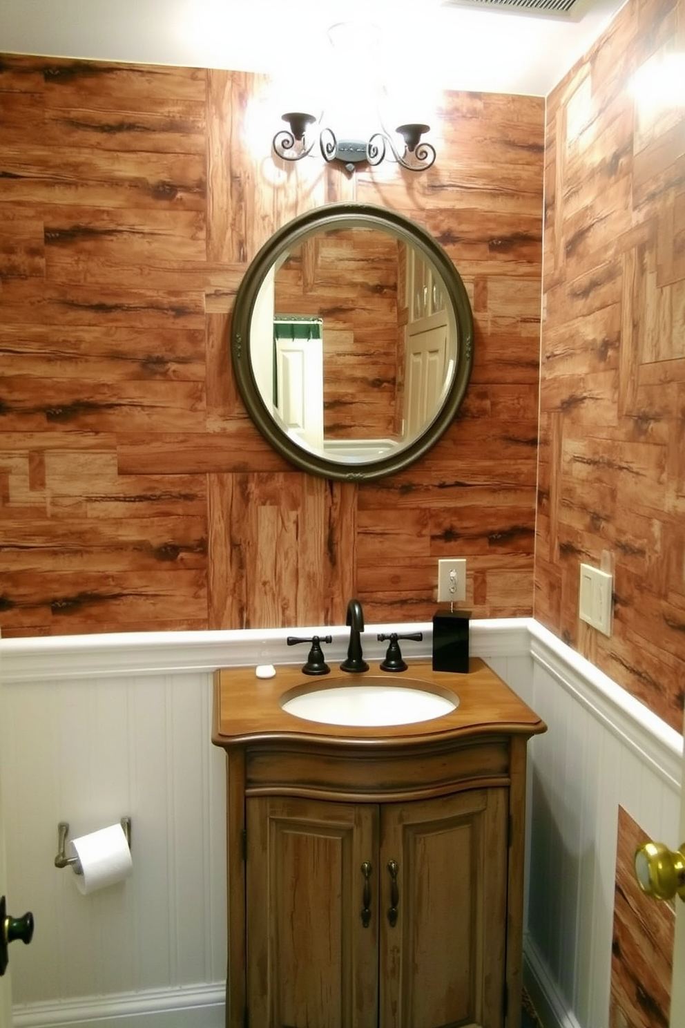 A cozy powder room featuring rustic wood patterns on the walls creates an inviting atmosphere. The wallpaper showcases various shades of brown and beige, enhancing the warmth of the space. A vintage wooden vanity complements the wallpaper with a distressed finish. Above the vanity, a round mirror with a wrought iron frame adds a touch of elegance to the rustic design.