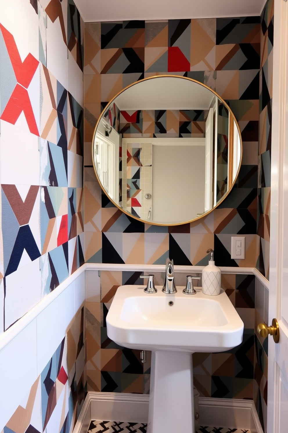 A contemporary powder room featuring geometric wallpaper that adds a modern twist to the space. The walls are adorned with bold geometric patterns in a mix of colors, creating a striking visual impact. The room includes a sleek pedestal sink with clean lines and a minimalist faucet. A large round mirror hangs above the sink, reflecting the vibrant wallpaper and enhancing the sense of space.