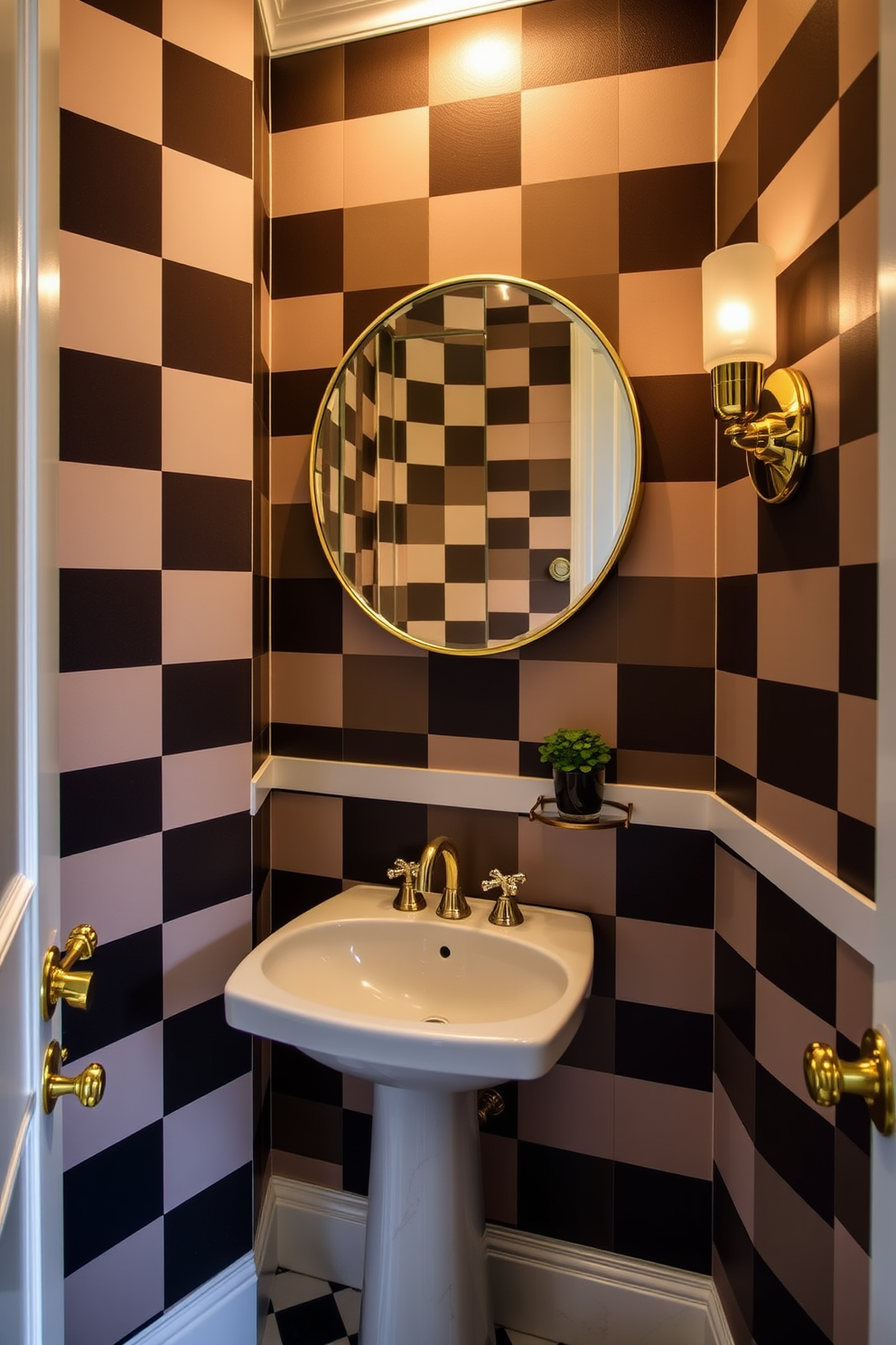 A chic powder room featuring bold checkered wallpaper in contrasting colors that creates a striking visual impact. The space includes a sleek pedestal sink with a modern faucet and a round mirror that complements the wallpaper's design. Luxurious accents such as gold fixtures and a stylish wall-mounted sconce enhance the room's elegance. A small potted plant sits on a decorative shelf, adding a touch of greenery to the sophisticated atmosphere.