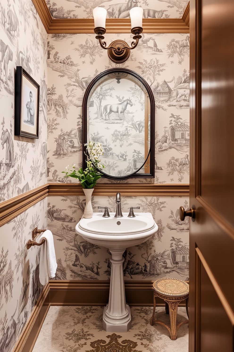 Elegant toile patterns for classic charm create a timeless atmosphere in a powder room. The wallpaper features intricate scenes of pastoral life in soft muted colors, enhancing the elegance of the space.