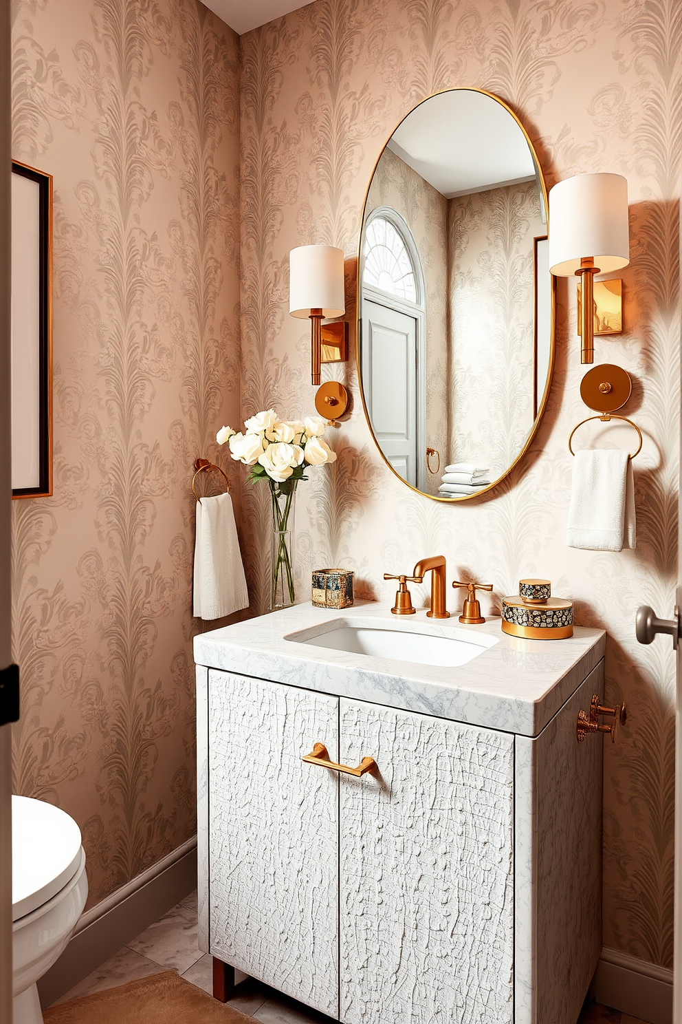 A stylish powder room featuring faux finishes that add depth and character to the space. The walls are adorned with elegant wallpaper that showcases intricate patterns in soft pastel colors. The vanity is a statement piece with a textured finish that mimics natural stone. Accents of gold in the fixtures and accessories enhance the luxurious feel of the room.