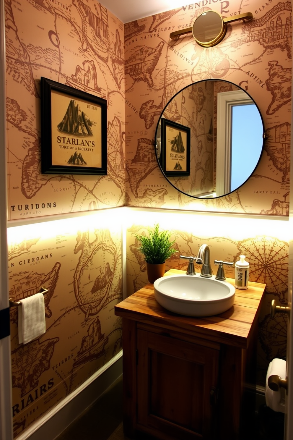 A charming powder room adorned with vintage maps that evoke a sense of adventure. The walls are covered in intricately detailed maps showcasing various landscapes and cities, creating a unique focal point. The vanity features a rustic wooden design paired with a sleek round mirror. Soft ambient lighting highlights the maps and adds warmth to the space, while a small potted plant sits on the countertop for a touch of greenery.