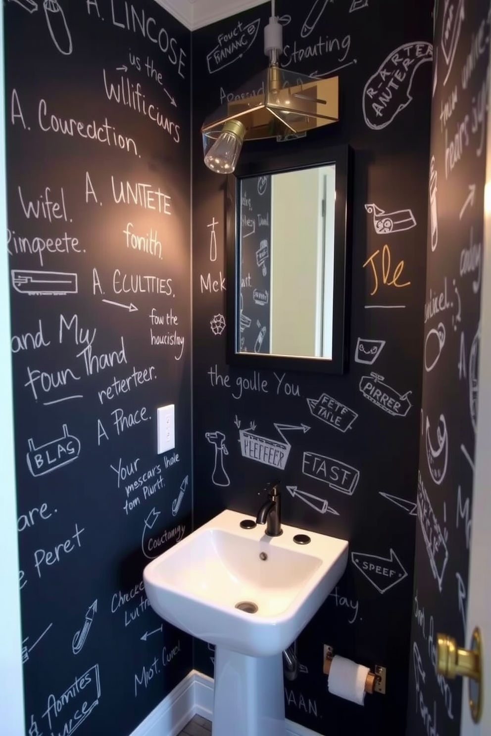 A playful powder room featuring chalkboard wallpaper that invites creativity and interaction. The space includes a sleek, modern sink and a small mirror framed in black, enhancing the fun atmosphere.