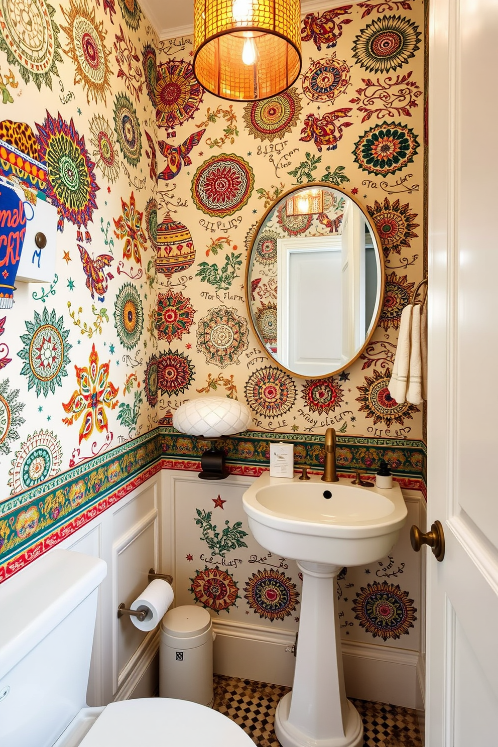 A stylish powder room featuring wallpaper adorned with intricate cultural motifs that reflect global influences. The design incorporates vibrant colors and patterns inspired by various traditions, creating an inviting and eclectic atmosphere.