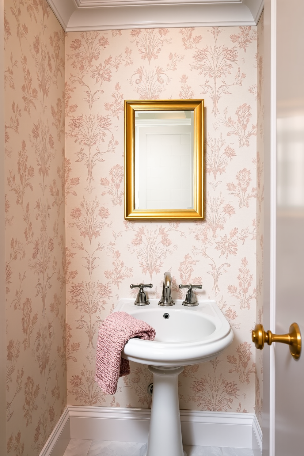 A luxurious powder room featuring soft textures that invite comfort and elegance. The walls are adorned with a delicate floral wallpaper in muted pastels, creating a serene backdrop for the space. The sink area showcases a chic pedestal sink with a polished chrome faucet, complemented by a plush hand towel in a coordinating color. A small, stylish mirror hangs above the sink, framed in brushed gold to enhance the opulent atmosphere.