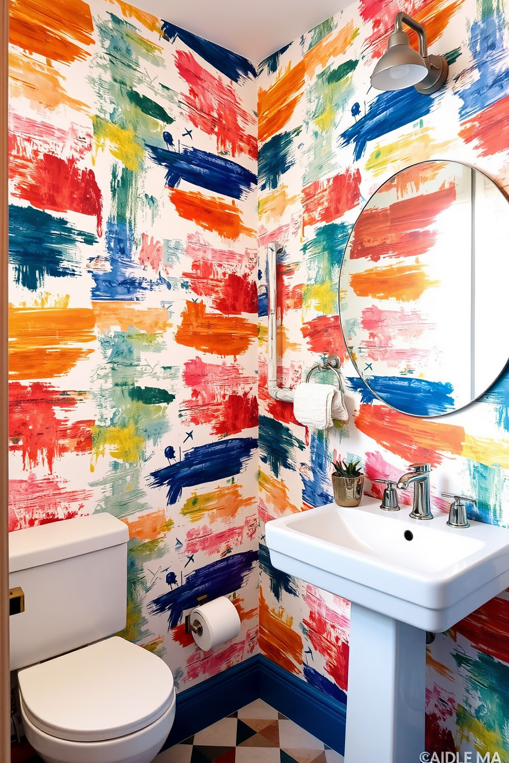 Artistic brushstroke designs create a vibrant and creative atmosphere in a powder room. The wallpaper features an array of colorful brushstroke patterns that blend harmoniously, adding depth and personality to the space.