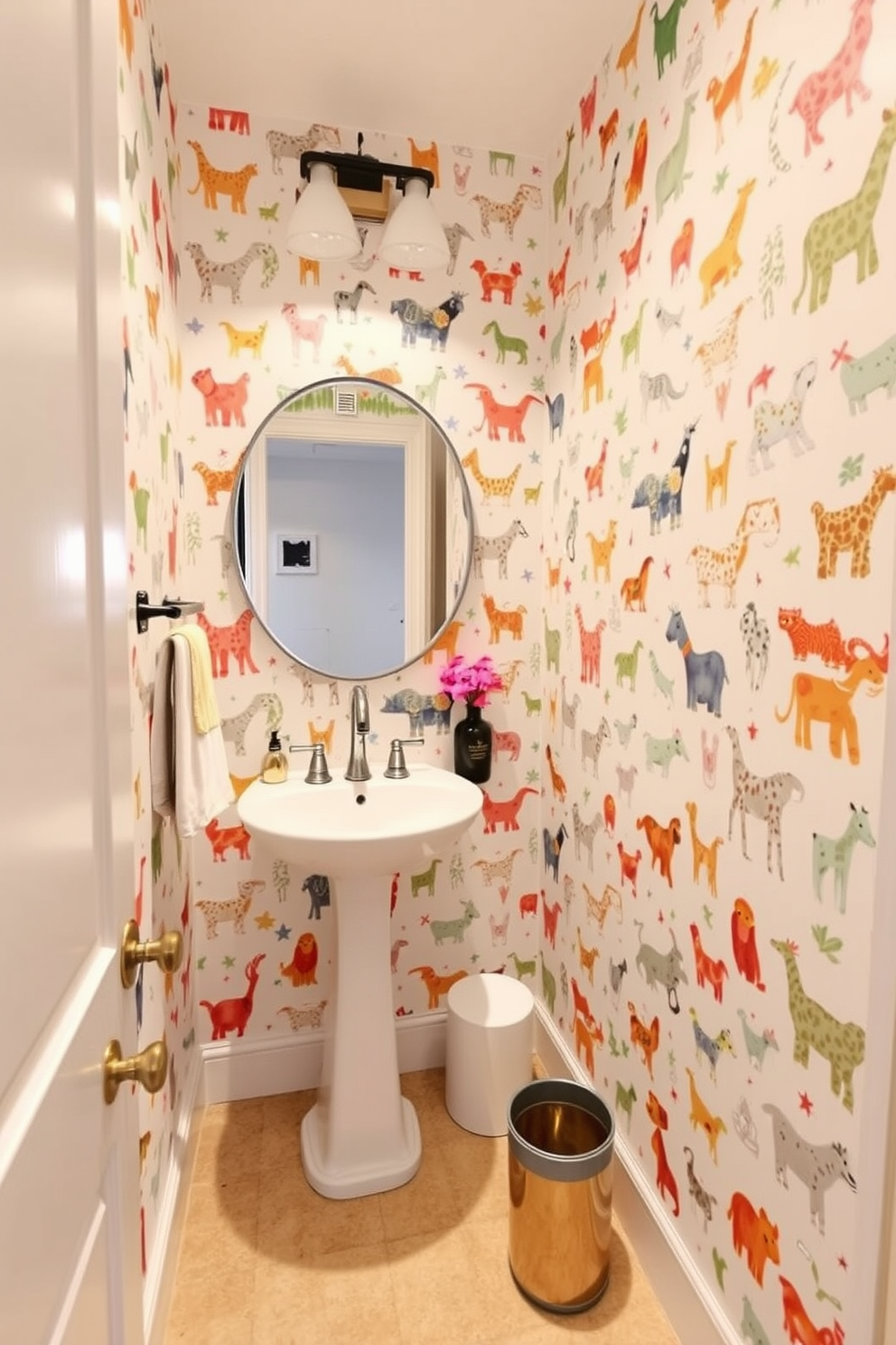 A whimsical powder room featuring playful animal prints on the wallpaper. The designs include colorful illustrations of various animals, creating a cheerful and inviting atmosphere.