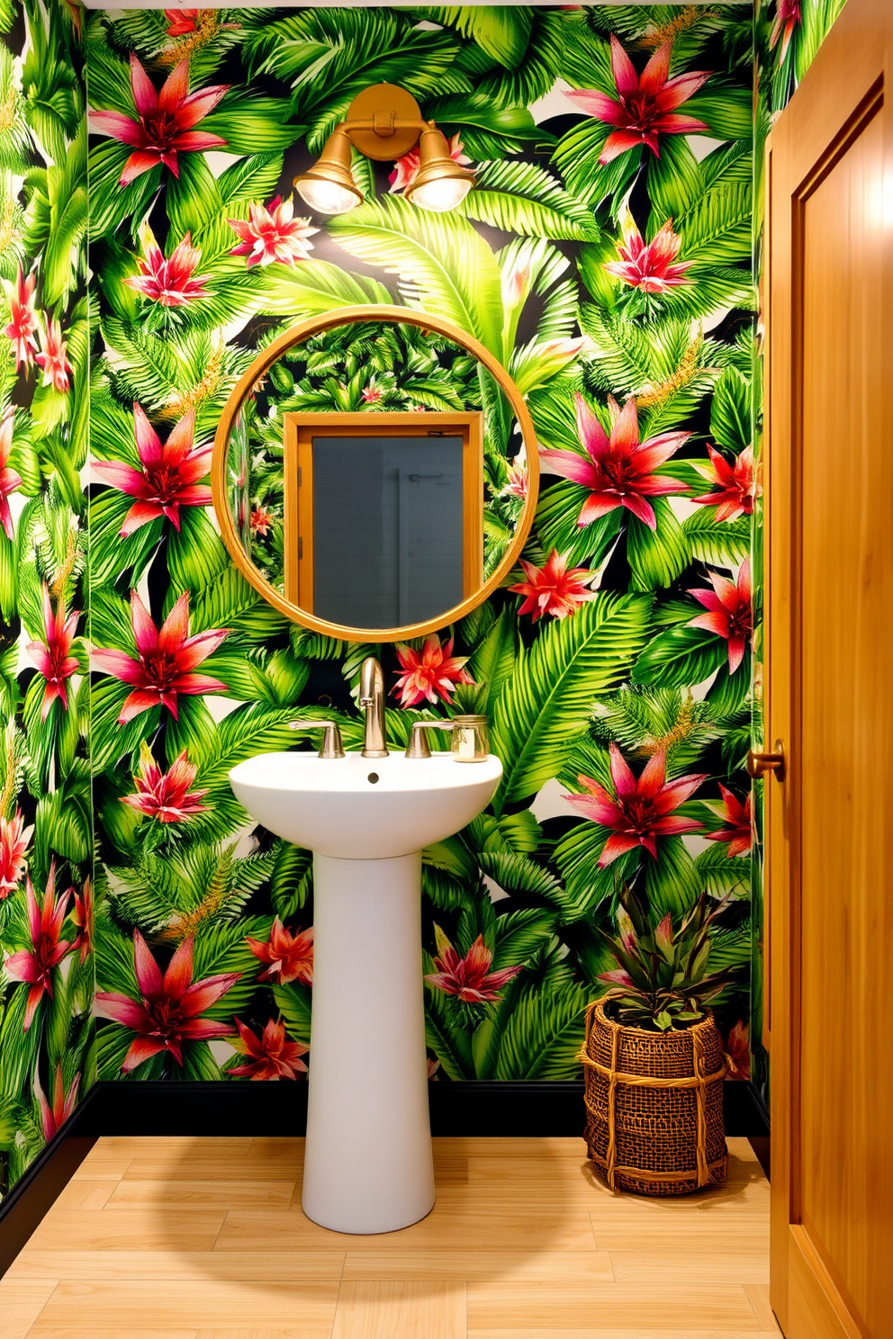 A vibrant powder room featuring lush tropical wallpaper adorned with large green palm leaves and colorful exotic flowers. The space is enhanced by a sleek white pedestal sink and a round mirror framed in natural wood, creating a fresh and inviting atmosphere. The flooring consists of light bamboo planks that complement the tropical theme, while a small potted plant adds a touch of greenery to the room. Soft ambient lighting highlights the wallpaper's intricate details, making the space feel both luxurious and refreshing.