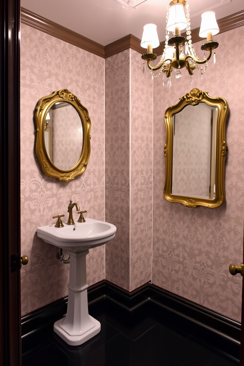 Elegant damask patterns in soft pastel colors adorn the walls of the powder room, creating an air of sophistication. The intricate designs blend seamlessly with a classic white pedestal sink and a vintage-style mirror framed in brushed gold. A small chandelier with crystal accents hangs from the ceiling, casting a warm glow over the space. The floor features a glossy black tile that contrasts beautifully with the delicate wallpaper, enhancing the overall elegance of the room.