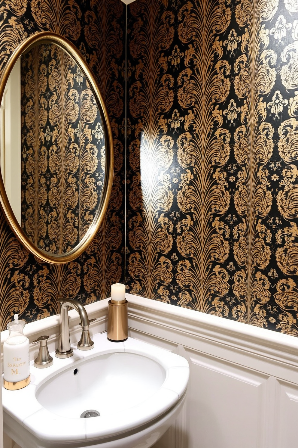 A chic powder room featuring metallic accents that add a touch of glam. The walls are adorned with an elegant wallpaper that combines intricate patterns with shimmering gold and silver tones.