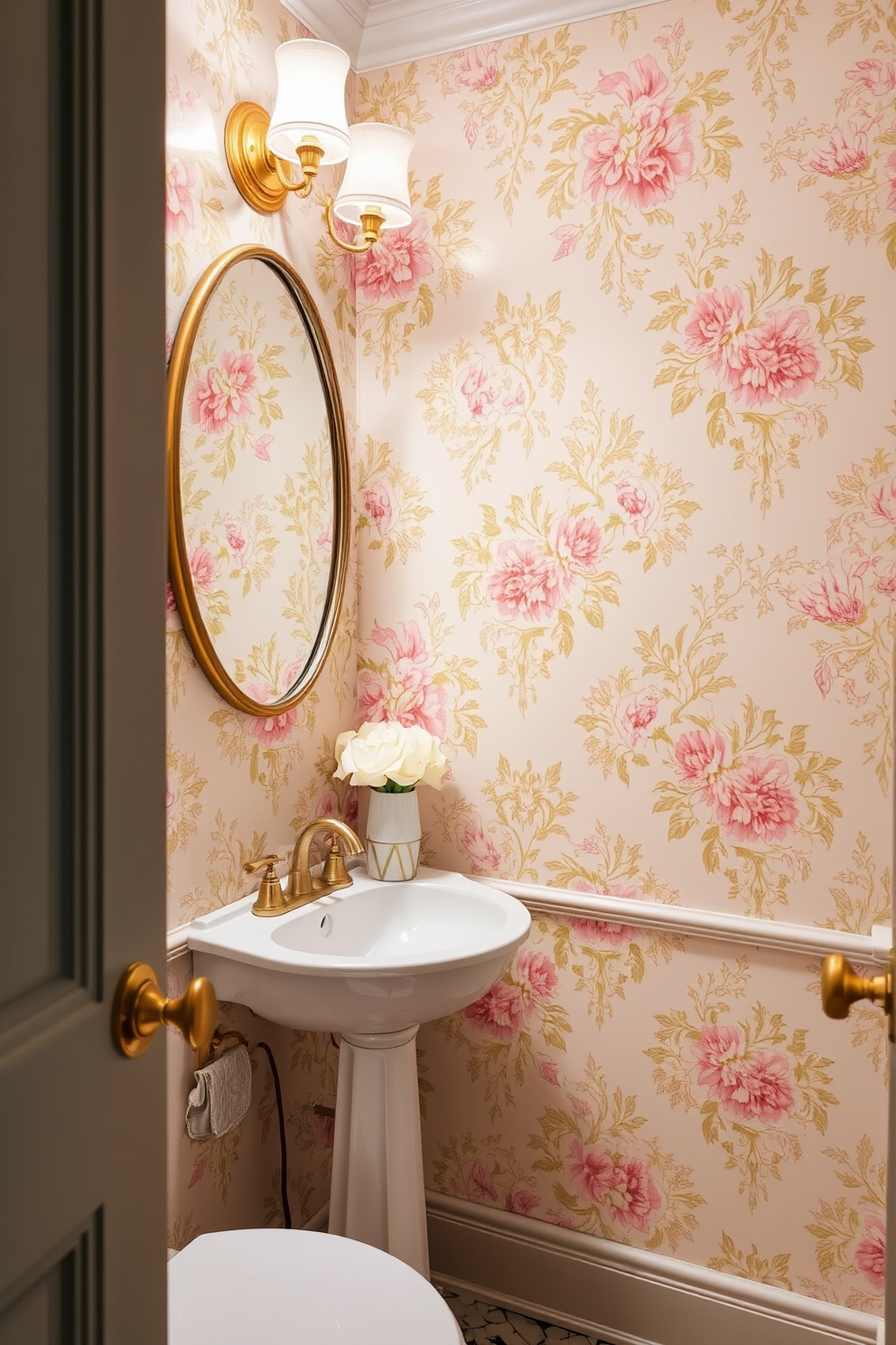 Create a vintage wallpaper design for a powder room that evokes a sense of nostalgia. The wallpaper features intricate floral patterns in soft pastel colors, complemented by elegant gold accents.