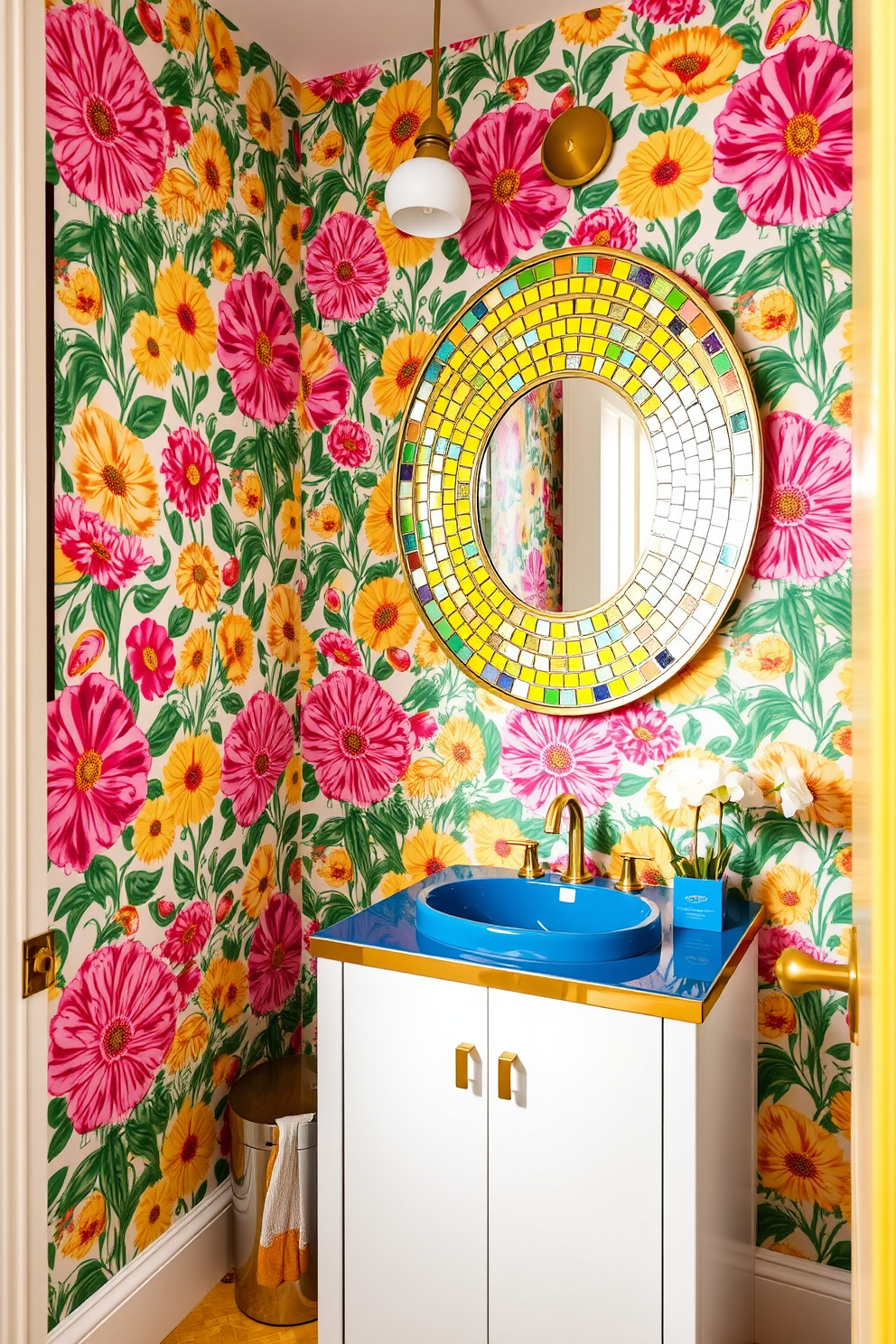 A vibrant powder room filled with bright colors that energize the space. The walls are adorned with a lively floral wallpaper featuring bold hues of pink, yellow, and green, creating an inviting atmosphere. The vanity is a sleek white with gold accents, topped with a glossy blue sink. A large round mirror with a colorful mosaic frame hangs above, reflecting the cheerful ambiance of the room.