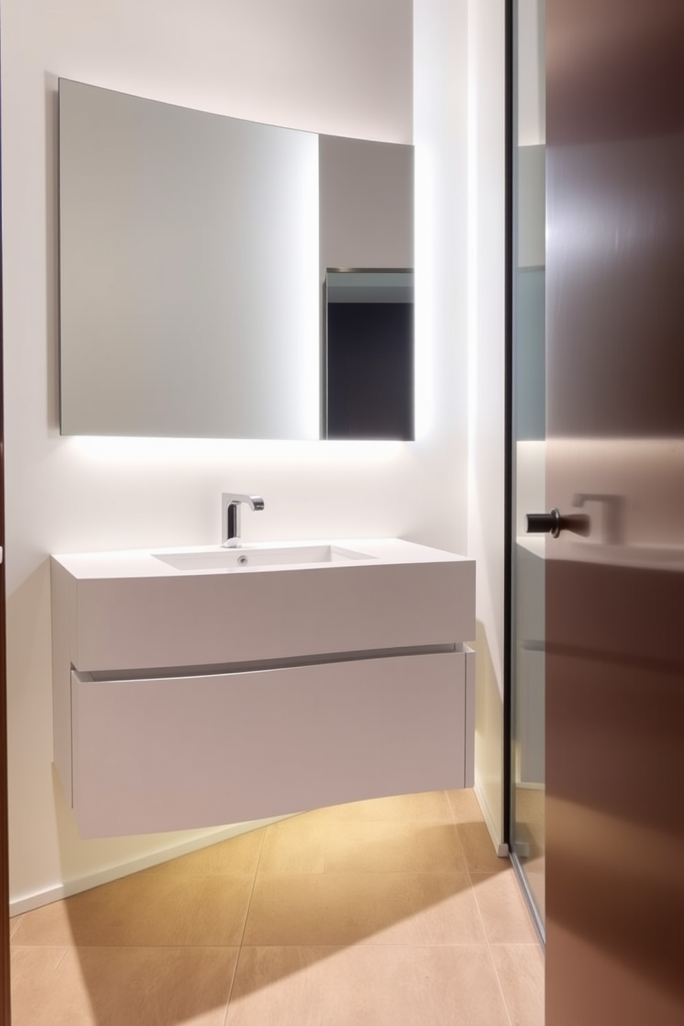 A sleek floating vanity with ample storage extends along the wall, finished in a glossy white lacquer. Above it, a large frameless mirror reflects the soft ambient lighting, creating an illusion of space. The quarter bathroom features a minimalist aesthetic with clean lines and modern fixtures. A stylish wall-mounted faucet complements the contemporary design, and the floor is adorned with large format tiles in a neutral tone.