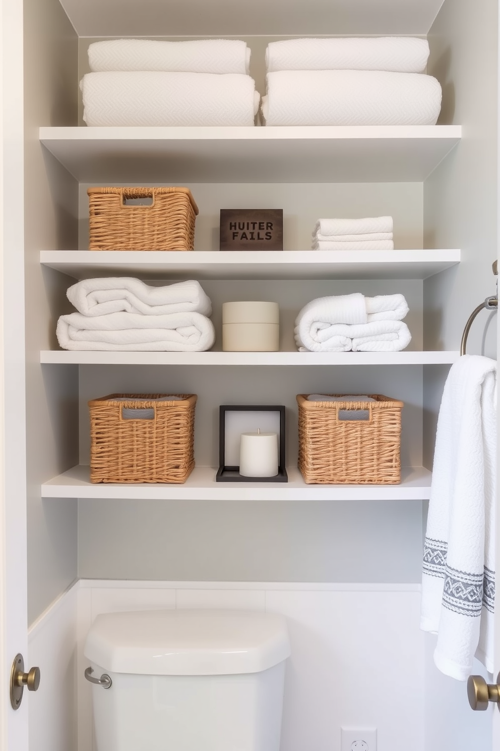 Open shelving creates a stylish and functional space in a quarter bathroom. The shelves are lined with neatly arranged towels, decorative baskets, and curated decor pieces, enhancing both accessibility and aesthetics.