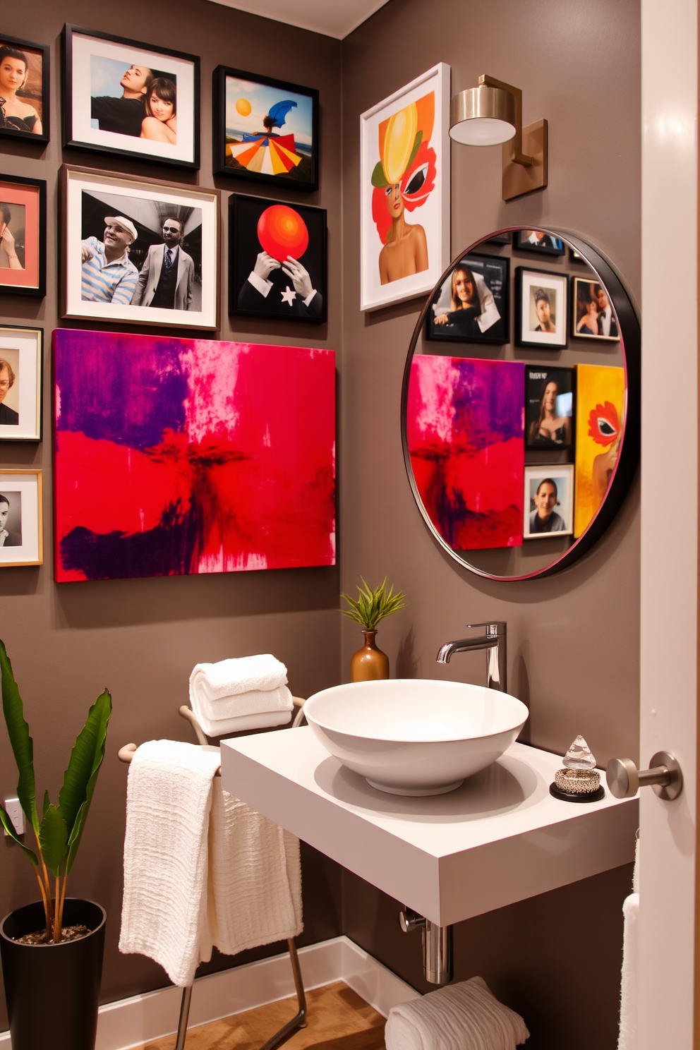 Creative wall art to personalize the space. A gallery wall featuring a mix of framed photographs and abstract paintings in vibrant colors adds character and warmth to the room. Quarter bathroom design ideas. Incorporate a compact floating vanity with a sleek vessel sink and a large round mirror to create an illusion of space while enhancing functionality.