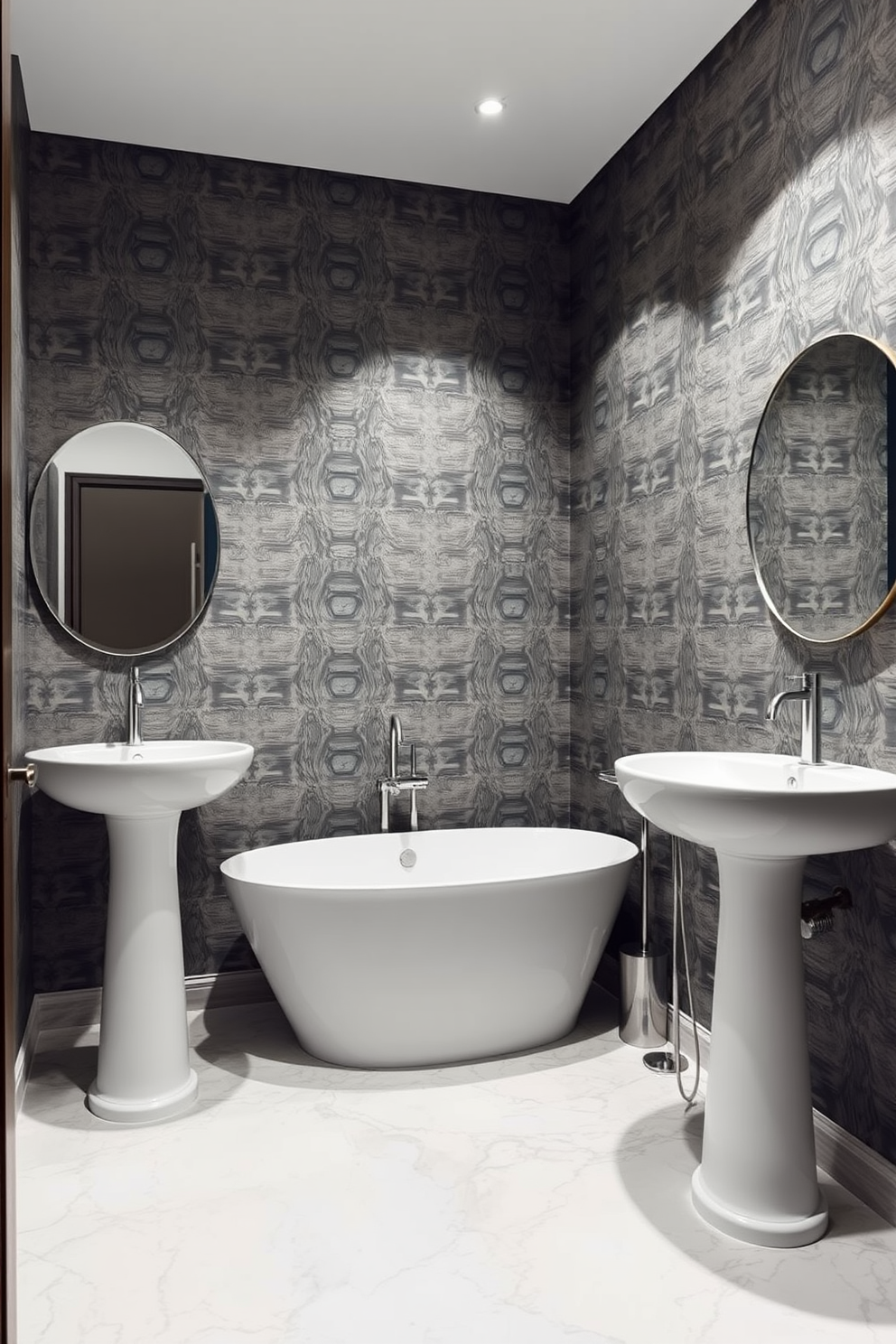 A luxurious quarter bathroom featuring textured wallpaper that adds depth and visual interest to the space. The design includes a sleek pedestal sink and a modern freestanding tub surrounded by elegant fixtures.