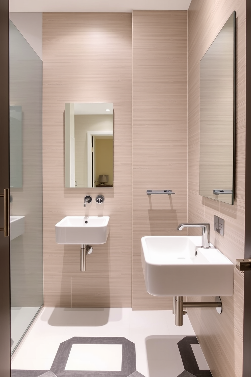 A stylish quarter bathroom featuring wall-mounted faucets that enhance the modern aesthetic. The walls are adorned with sleek tiles in neutral tones, and the floor boasts a chic geometric pattern that complements the overall design.