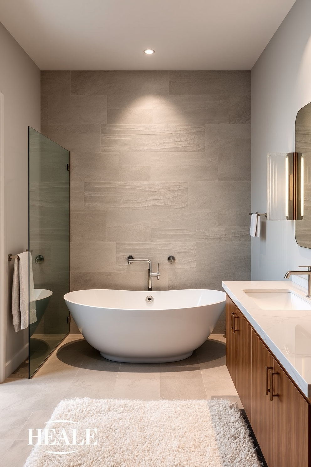 A stunning quarter bathroom featuring an elegant freestanding tub that exudes luxury. The tub is positioned against a backdrop of textured stone tiles, complemented by ambient lighting that enhances the serene atmosphere. The space includes a sleek wooden vanity with a polished countertop, adorned with stylish fixtures. Soft, neutral colors on the walls create a calming environment, while a plush rug adds warmth underfoot.