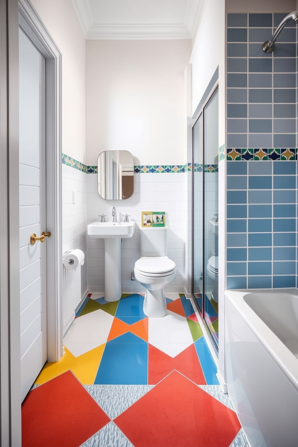 A vibrant quarter bathroom featuring fun geometric patterns on the floor. The walls are painted in a crisp white, contrasting with colorful tiles that create a playful visual effect.