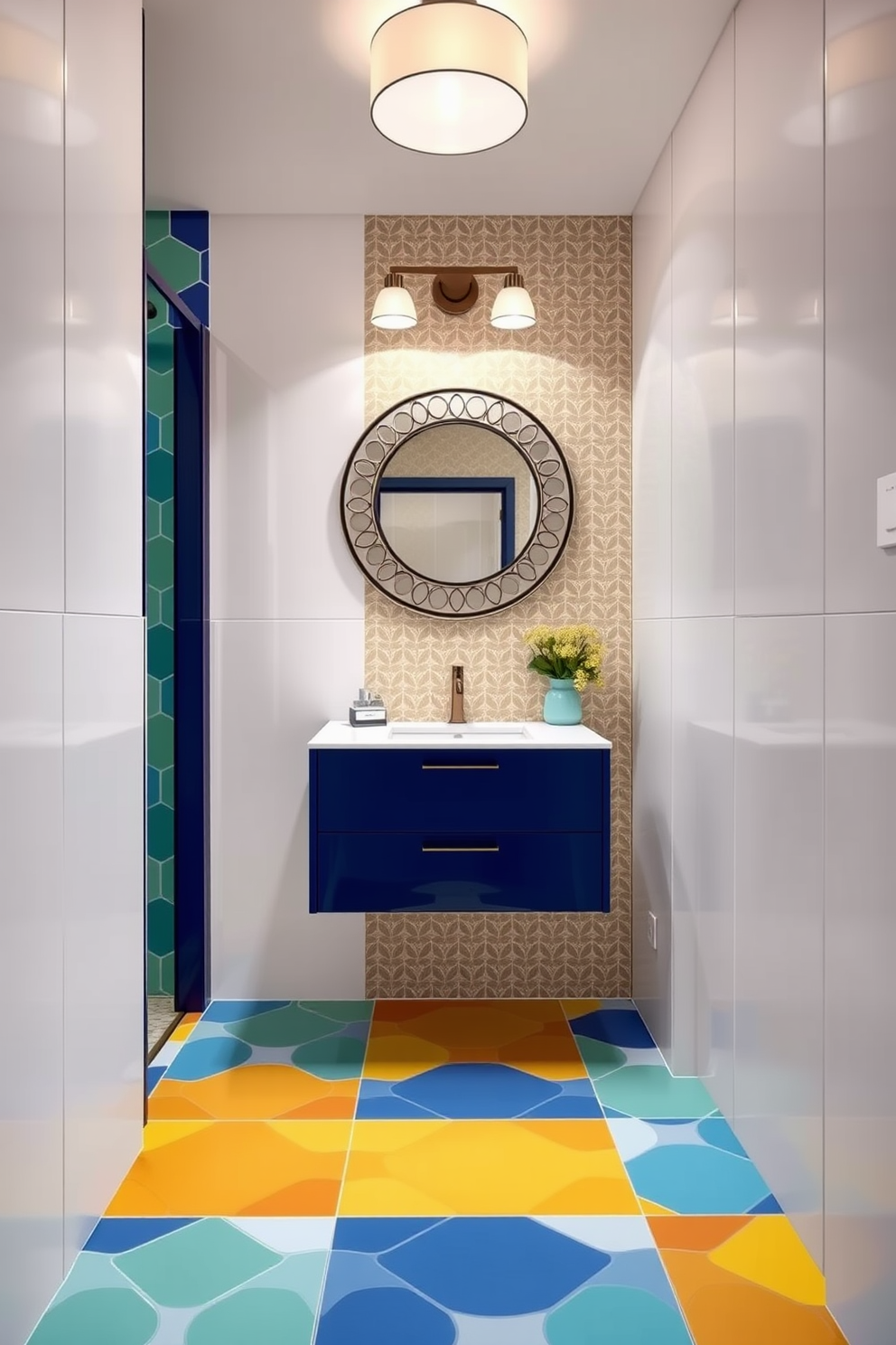 A vibrant quarter bathroom featuring bold patterned tiles in a mix of bright colors. The walls are adorned with sleek white panels, and a modern floating vanity with a deep blue finish is centered against the backdrop. A stylish round mirror with an intricate frame hangs above the vanity, reflecting the lively atmosphere. Soft lighting fixtures illuminate the space, creating a warm and inviting ambiance.