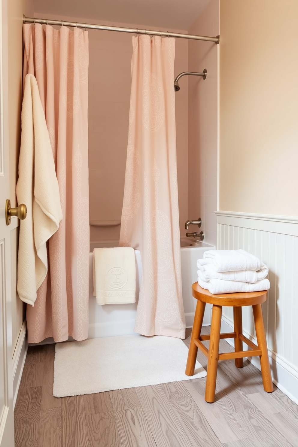 A cozy quarter bathroom featuring soft textiles that create a warm and inviting atmosphere. The space includes plush towels, a soft bath mat, and a delicate shower curtain that complement the overall design. The walls are painted in a soothing pastel hue, while the floor is adorned with elegant wood planks. A small wooden stool holds neatly folded towels, adding both functionality and charm to the bathroom.