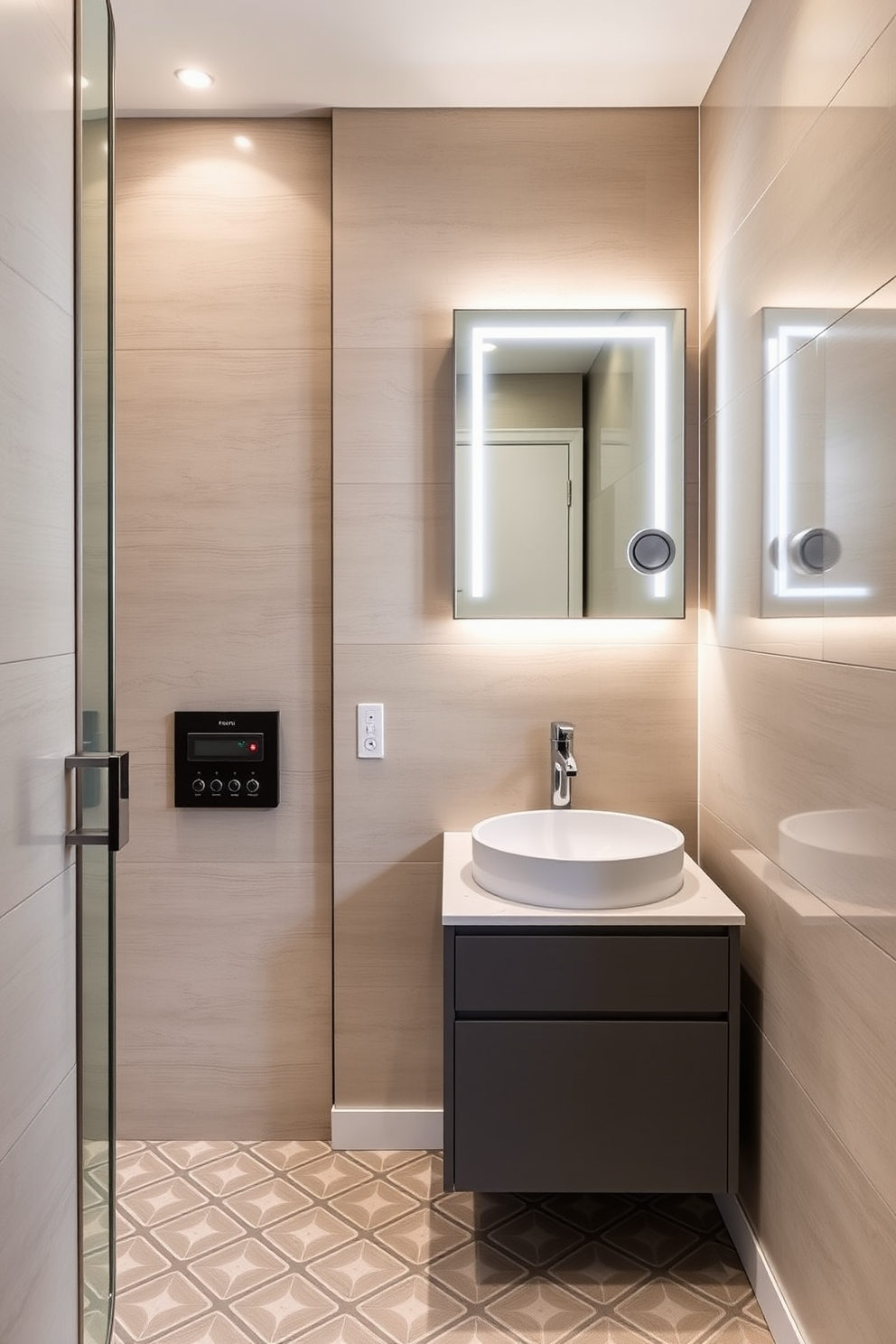 A sleek quarter bathroom featuring integrated technology for modern convenience. The space includes a touchless faucet and a smart mirror with built-in lighting and Bluetooth speakers. The walls are adorned with large format tiles in a neutral tone, while the floor showcases a stylish geometric pattern. A compact vanity with a quartz countertop houses a modern sink and storage for essentials, ensuring functionality without sacrificing aesthetics.