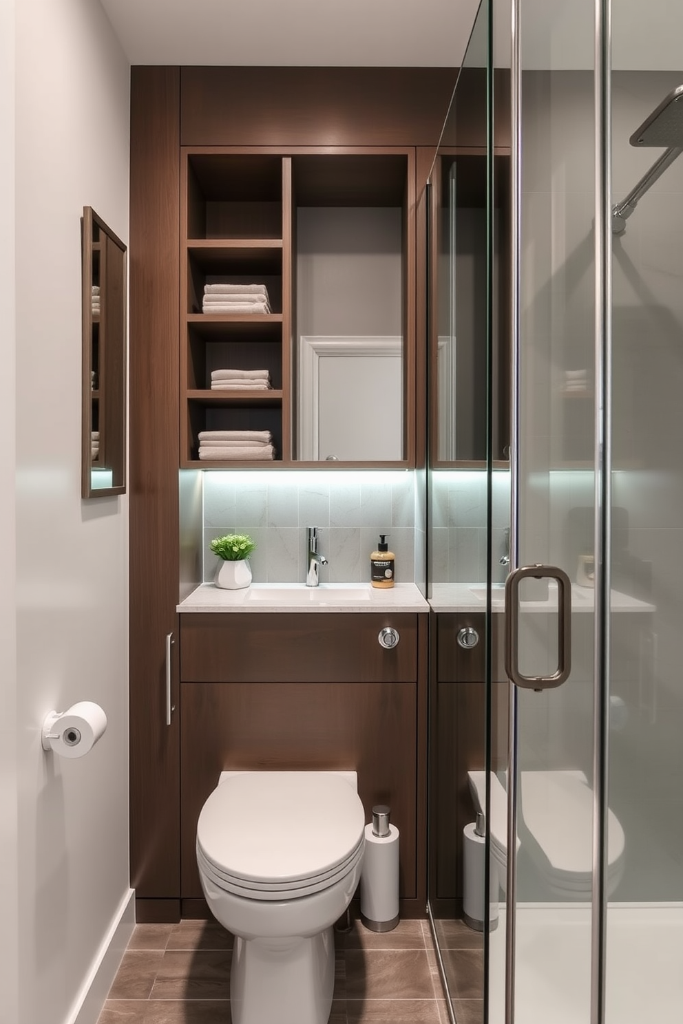 Open shelving is installed above the vanity, providing easy access to neatly arranged towels and decorative items. The shelves are made of reclaimed wood, adding warmth and character to the space. The quarter bathroom features a sleek pedestal sink with a polished chrome faucet. Soft ambient lighting illuminates the room, creating a welcoming atmosphere.