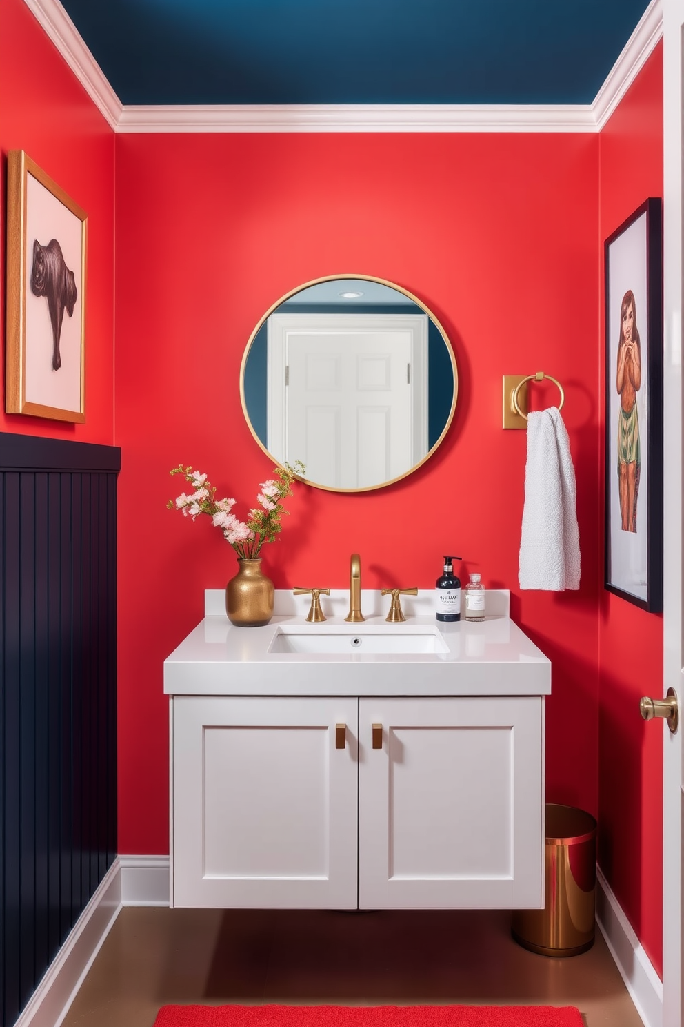 Chic color blocking for a trendy vibe. The walls are painted in bold contrasting colors, with one side featuring a deep navy blue and the other a vibrant coral. Quarter bathroom design ideas include a sleek floating vanity in a crisp white finish. Accents of gold hardware and a stylish round mirror create an inviting focal point.