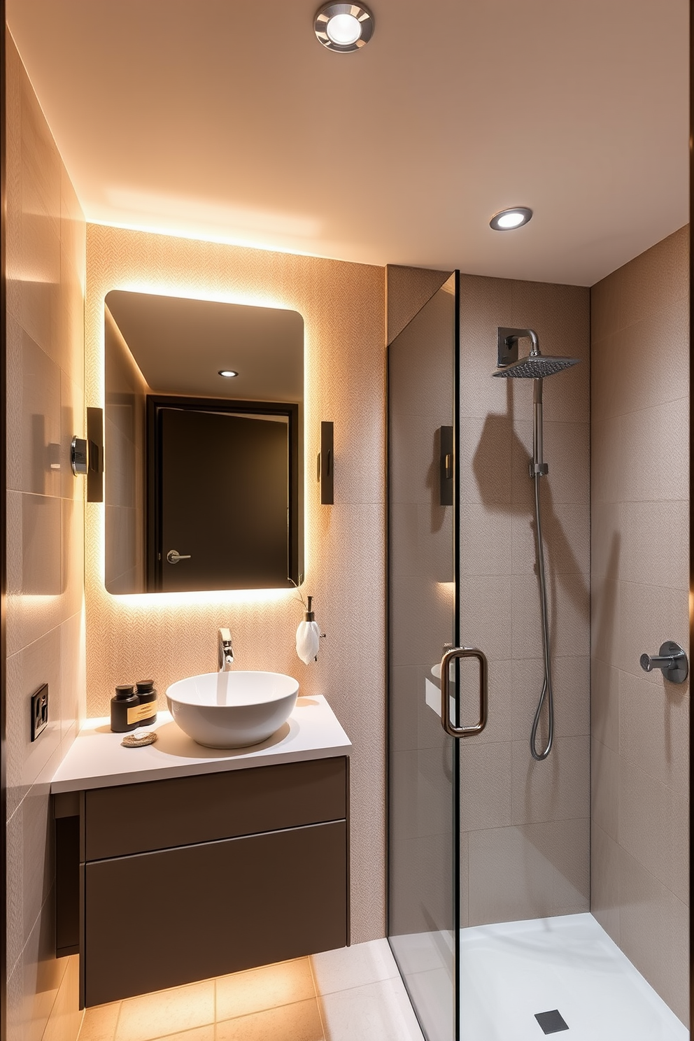 A stylish quarter bathroom featuring layered lighting that enhances both functionality and mood. The space includes a sleek wall-mounted vanity with a vessel sink, complemented by a large backlit mirror that provides warm illumination. The walls are adorned with textured tiles in neutral tones, while recessed lighting and sconces create a cozy atmosphere. A modern shower with glass doors and a rainfall showerhead adds a touch of luxury to this compact design.