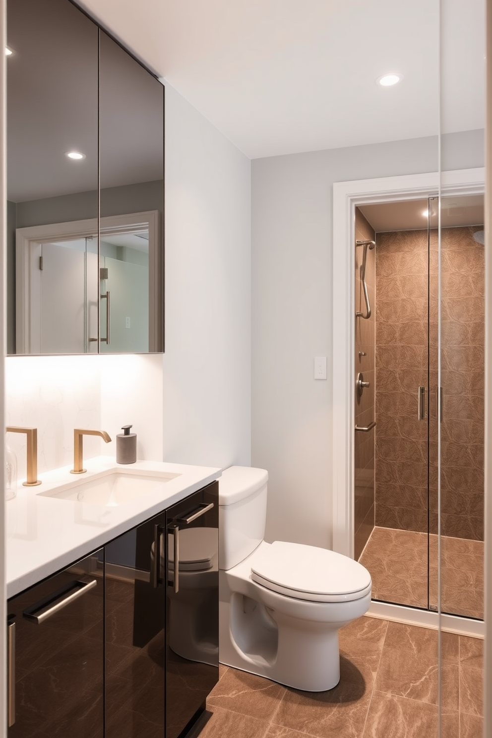 A compact corner sink is seamlessly integrated into a stylish quarter bathroom, maximizing space efficiency. The sink features a sleek design with a polished chrome faucet, complemented by a contemporary mirror hanging above it. The walls are adorned with light grey tiles that create an airy feel, while the floor showcases elegant dark wood planks. A small shelf above the sink holds neatly arranged toiletries, and a plush white towel is neatly folded nearby.