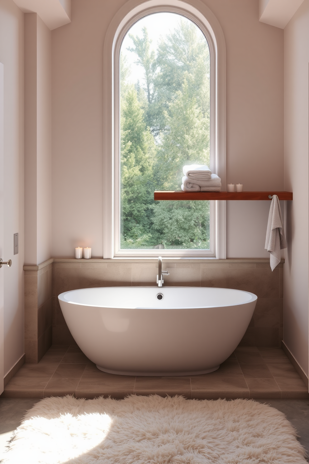 A serene quarter bathroom designed for relaxation and comfort. The space features a freestanding soaking tub surrounded by natural stone tiles, with a large window allowing soft natural light to filter in. A floating wooden shelf holds neatly folded towels and aromatic candles. Soft, neutral colors dominate the walls, while a plush rug adds warmth underfoot, creating an inviting atmosphere.