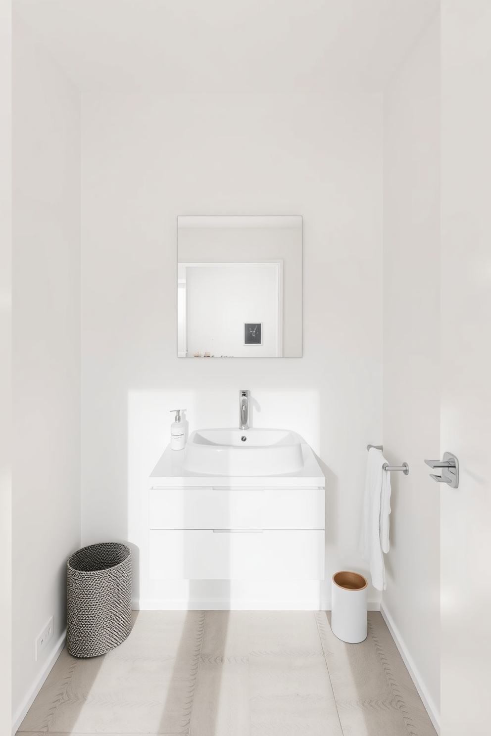 A stylish mirror with integrated lighting reflects a modern aesthetic. The mirror is framed in brushed nickel and features soft LED illumination that enhances the ambiance of the space. The quarter bathroom design showcases sleek lines and functional elegance. A compact vanity with a glossy white finish complements the contemporary look, while a floating shelf above holds decorative items and essentials.