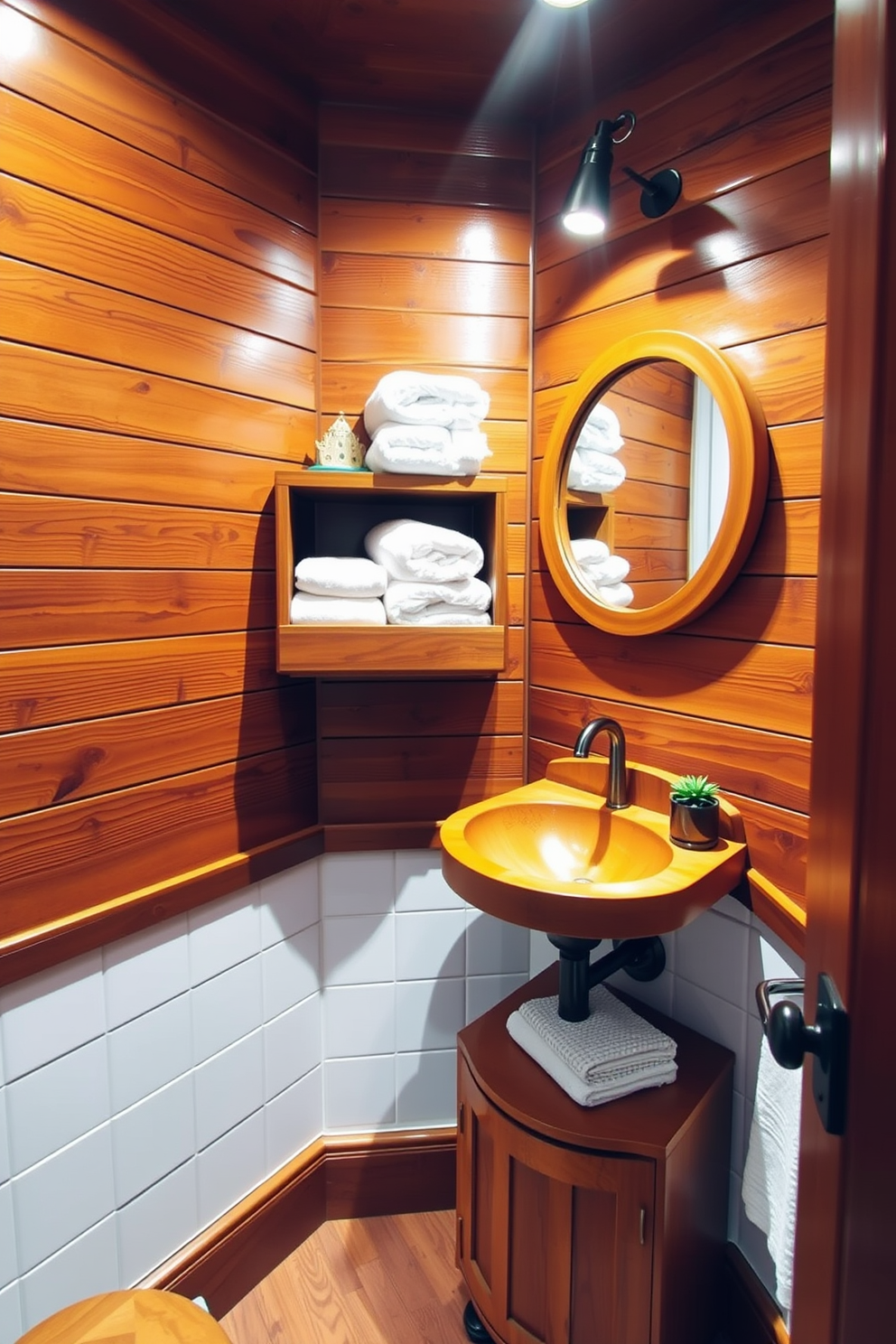 A cozy quarter bathroom featuring warm wood accents that create an inviting atmosphere. The walls are adorned with rich wooden paneling, and a wooden shelf displays neatly folded towels and decorative items. A compact vanity with a warm wood finish holds a stylish sink, complemented by a round mirror with a wooden frame. Soft lighting fixtures illuminate the space, enhancing the warmth of the wooden elements and creating a relaxing ambiance.