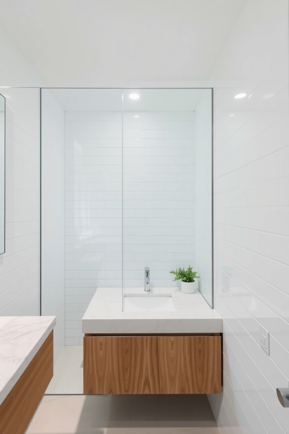 A modern quarter bathroom featuring a glass shower enclosure that creates a spacious and open atmosphere. The walls are adorned with sleek white tiles, complemented by a floating vanity with a polished stone countertop.