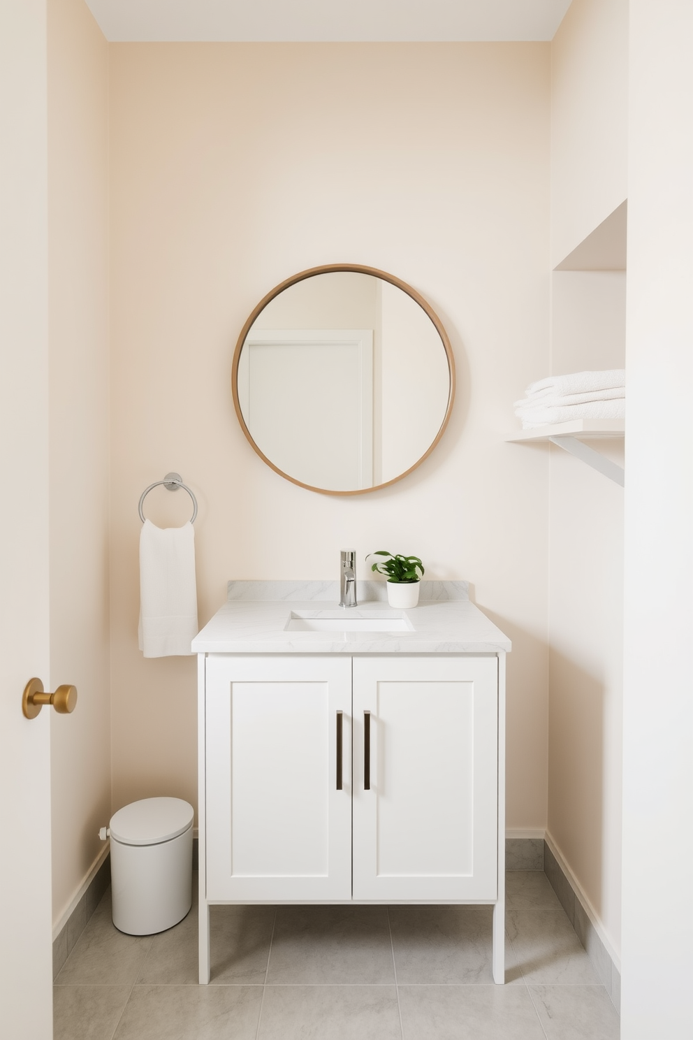 A modern quarter bathroom design featuring a sleek glass shower enclosure that maximizes space. The walls are adorned with light gray tiles and a minimalist floating vanity with a white sink sits beneath a large mirror.