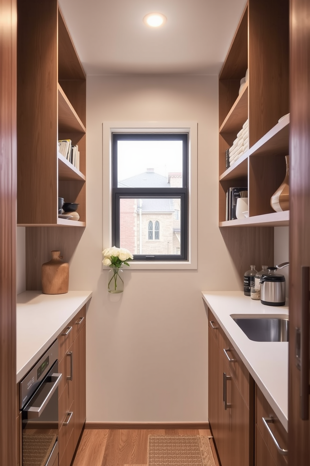 Maximize vertical space with sleek, open shelving that draws the eye upwards in a cozy railroad apartment. Incorporate natural wood finishes and soft lighting to create an inviting atmosphere while maintaining functionality.