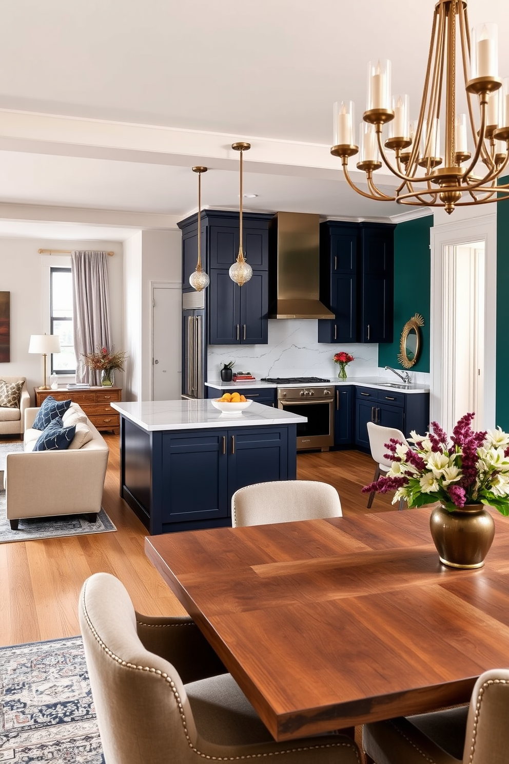 A stylish railroad apartment featuring an open layout that maximizes space and light. The living area showcases a blend of warm neutrals and rich jewel tones, creating a cozy yet sophisticated atmosphere. The kitchen is designed with sleek cabinetry in deep navy blue, complemented by brass hardware and a white marble backsplash. A large island with bar seating serves as a focal point, adorned with decorative pendant lights that add a touch of elegance. The bedroom incorporates soft, muted colors with a statement wall in a deep emerald green. A plush bed with layered bedding and textured throw pillows invites relaxation, while a stylish area rug ties the room together. The dining area features a reclaimed wood table surrounded by upholstered chairs in complementary shades. A statement chandelier hangs above, providing a warm glow that enhances the inviting ambiance of the space.