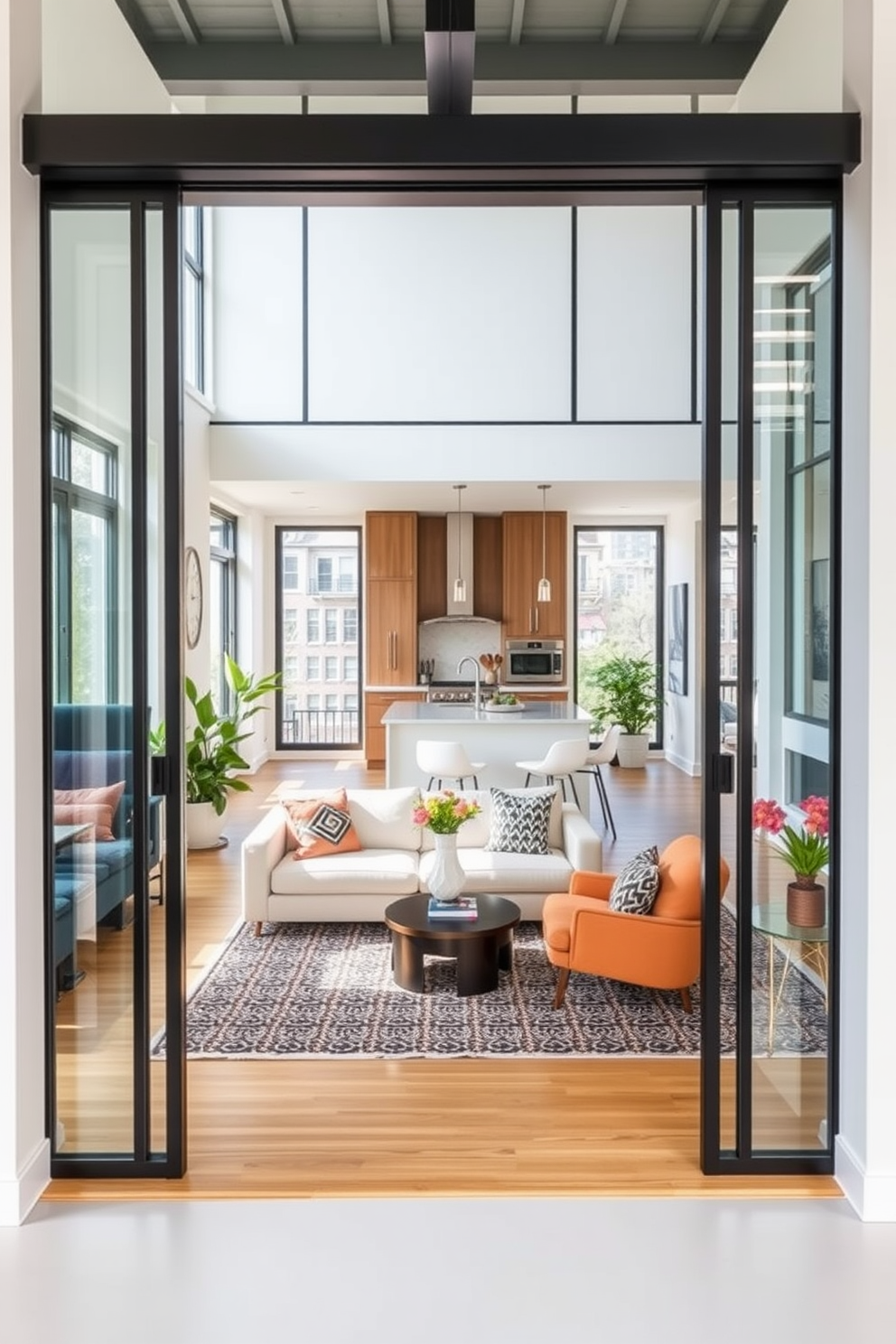 A stylish railroad apartment layout featuring an open concept design. The living area seamlessly flows into the kitchen, maximizing natural light with large windows. Incorporate sliding doors to enhance space efficiency and create a modern aesthetic. Use a neutral color palette with pops of color through decor and furniture for a vibrant yet cohesive look.