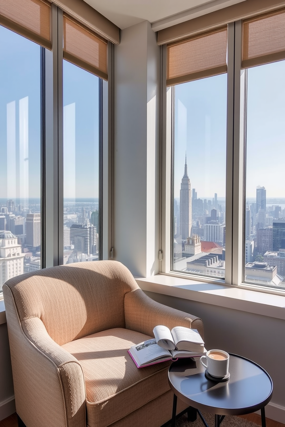 Create a cozy reading nook by the windows with a plush armchair upholstered in soft fabric. A small side table holds a stack of books and a steaming cup of tea, while large windows let in natural light and offer a view of the city skyline.