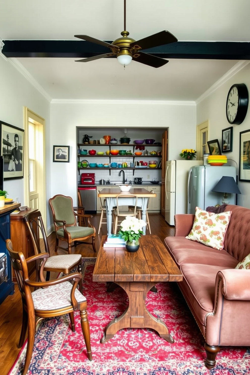 A cozy railroad apartment filled with vintage finds. The living area features a reclaimed wood coffee table surrounded by mismatched antique chairs and a plush velvet sofa. In the kitchen, open shelves display colorful vintage dishware and a retro fridge adds character. The walls are adorned with framed black-and-white photographs and a vintage clock, enhancing the apartment's charm.