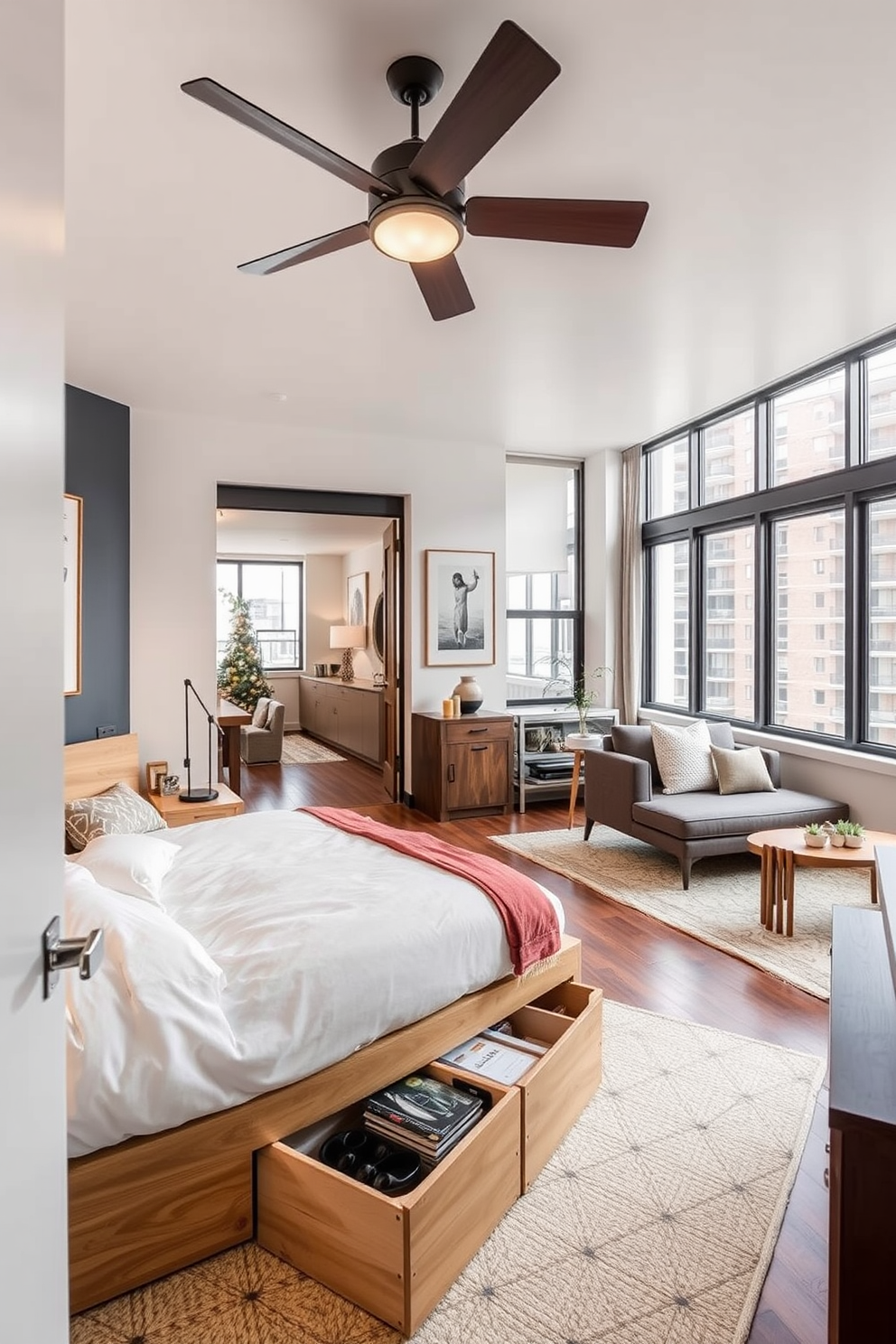 A stylish railroad apartment featuring clever under-bed storage solutions. The bedroom showcases a platform bed with built-in drawers, maximizing space while maintaining a clean aesthetic. The living area is designed with an open layout, incorporating a cozy seating arrangement and multifunctional furniture. Large windows flood the space with natural light, highlighting the warm color palette and decorative accents.