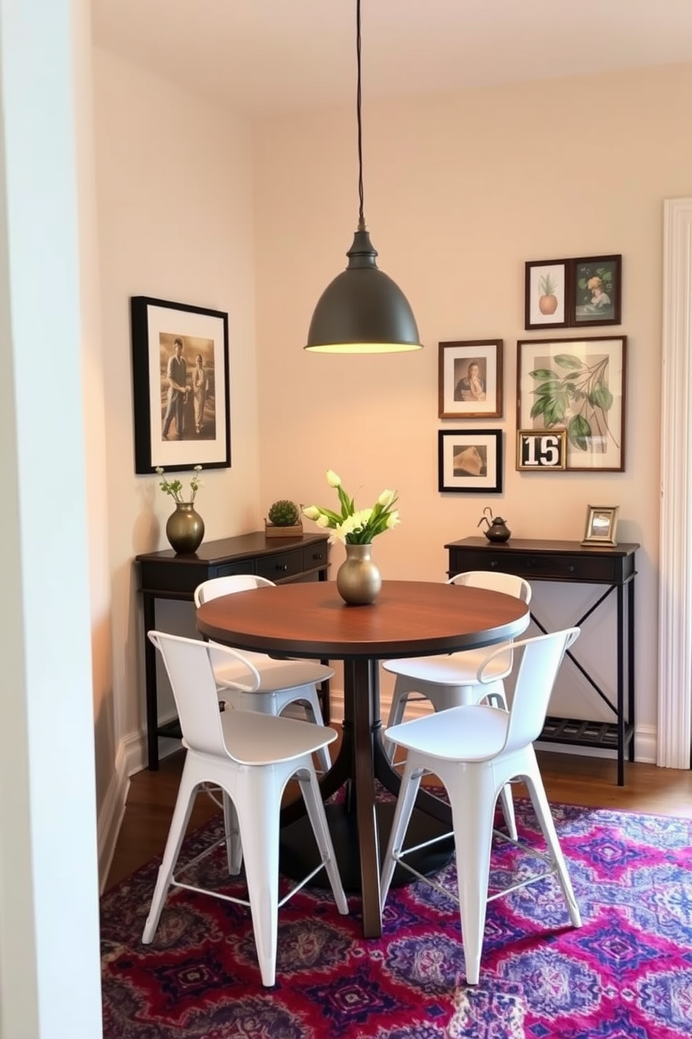 Create a cozy small dining area featuring a round wooden table surrounded by four modern stools. The space is accented with warm lighting from a pendant lamp above the table and a gallery wall of framed art. Incorporate a narrow console table against one wall for additional decor and functionality. Use soft neutral colors for the walls and a vibrant area rug to add warmth to the space.