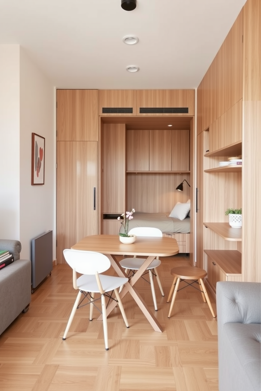 A stylish railroad apartment featuring foldable furniture to maximize space and enhance flexibility. The living area showcases a sleek foldable dining table that can be tucked away when not in use, paired with minimalist chairs that can be easily stored. The bedroom includes a compact wall bed that folds down for a comfortable sleeping space, complemented by a foldable desk that allows for a functional work area. The color palette consists of soft neutrals and warm wood tones, creating a cozy and inviting atmosphere throughout the apartment.