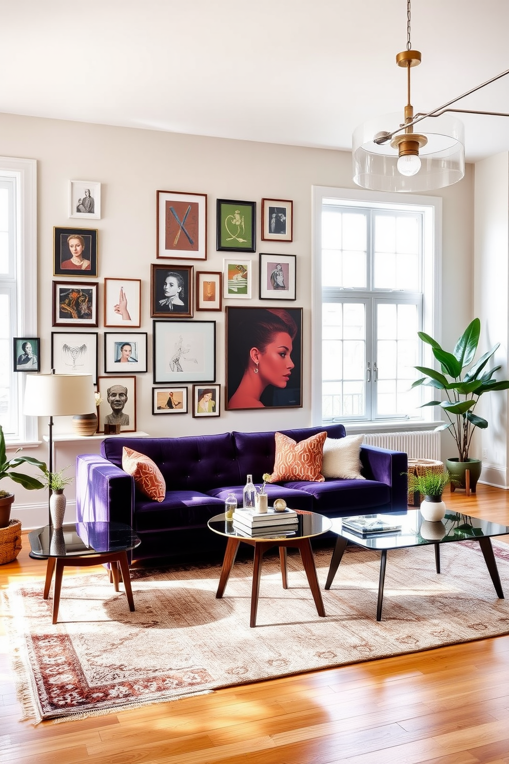 A stylish living room featuring a statement piece of furniture such as a bold velvet sofa in a rich jewel tone. The room is accented with sleek mid-century modern coffee tables, and a gallery wall showcases an eclectic mix of art pieces in various frames. Natural light floods the space through large windows, highlighting the warm wooden floors and the soft textures of a layered area rug. Potted plants add a touch of greenery, while unique lighting fixtures create an inviting ambiance throughout the room.