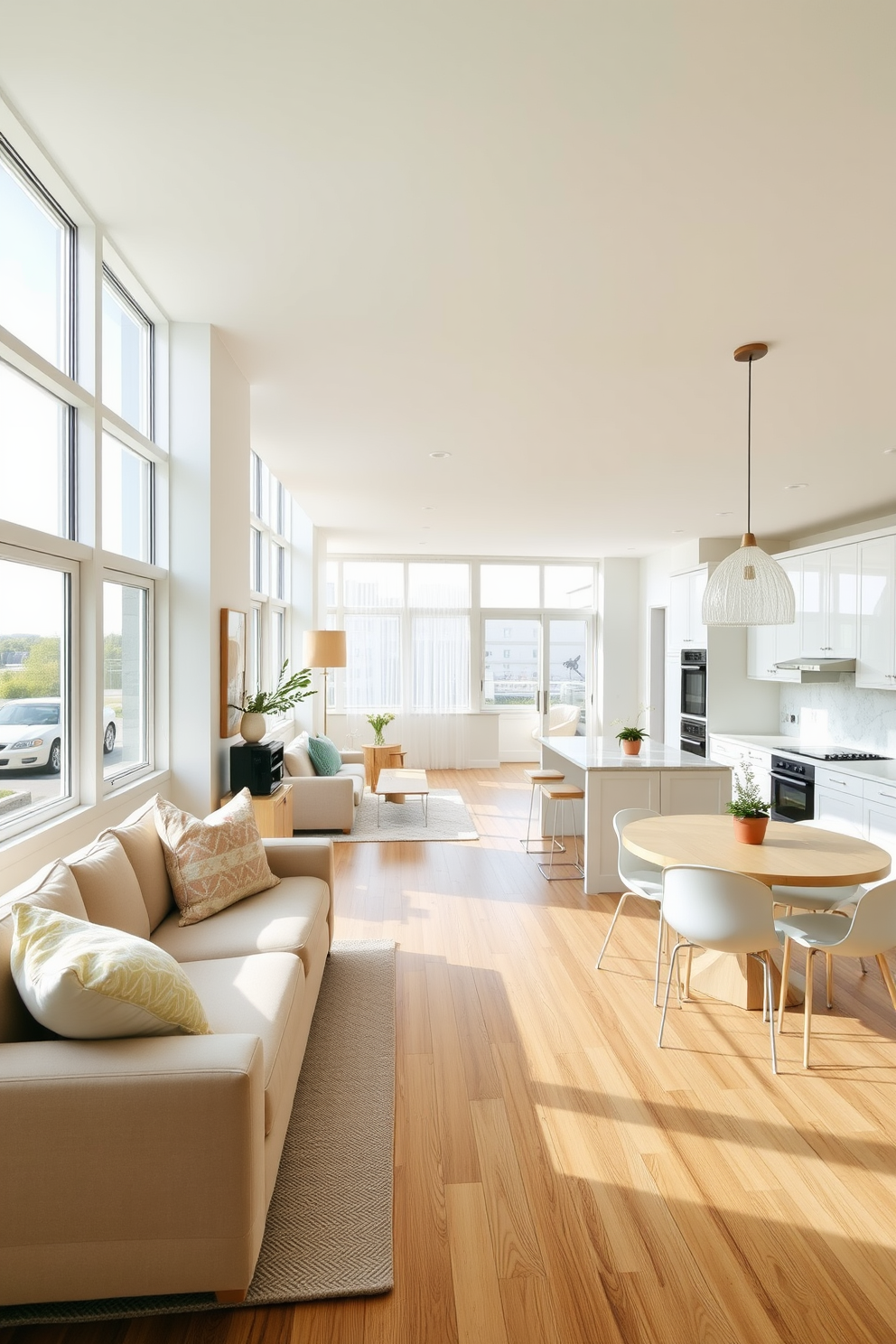 A bright and airy railroad apartment with light-colored walls and large windows allowing natural light to flood the space. The open layout features a cozy living area with a soft beige sofa and a light wood coffee table, complemented by pastel-colored accent pillows. The kitchen area showcases white cabinetry and a marble island, creating a seamless flow into the dining space. A round dining table with light-colored chairs sits beneath a stylish pendant light, enhancing the inviting atmosphere of the apartment.