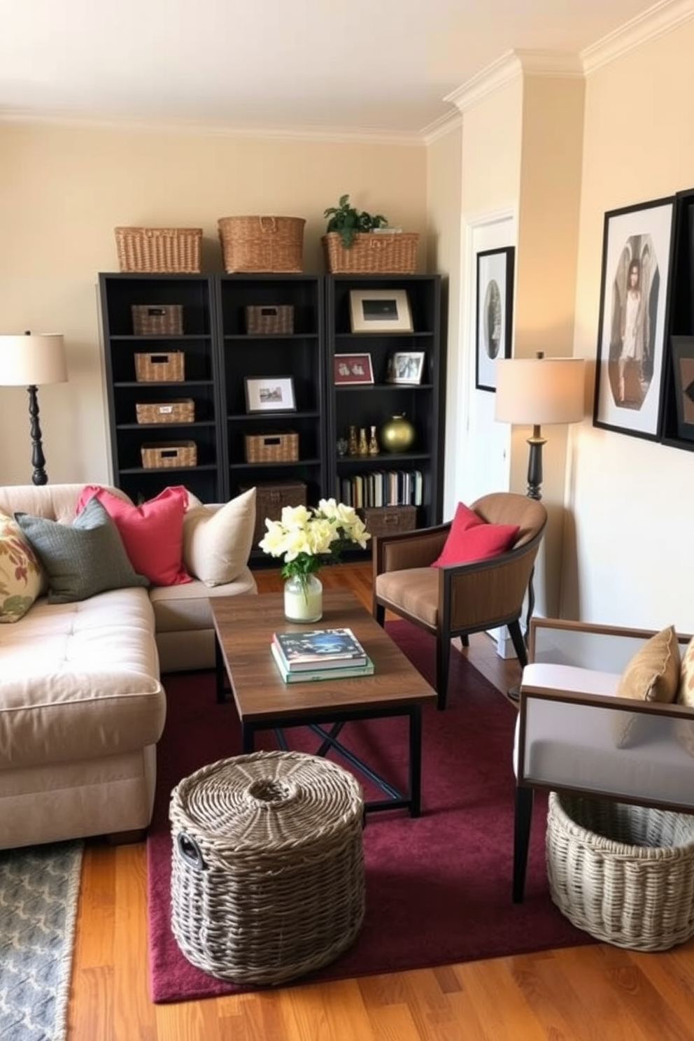 A cozy living space in a railroad apartment featuring decorative baskets for organization. The walls are painted in a soft beige, and a plush sofa is positioned against one side, adorned with colorful throw pillows. On the opposite side, a wooden coffee table is surrounded by stylish chairs, creating an inviting conversation area. Decorative baskets are placed under the table and on shelves, adding both functionality and charm to the design.