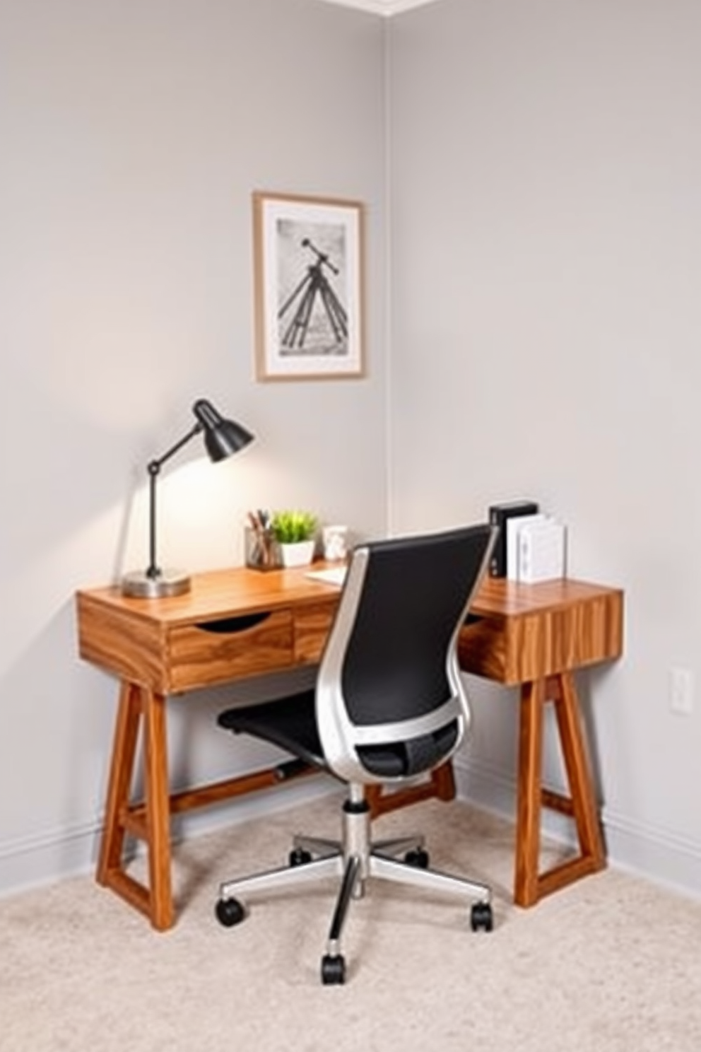 Create an office corner with a sleek wooden desk positioned against a wall. A comfortable ergonomic chair is placed in front of the desk, and a stylish desk lamp illuminates the workspace. On the desk, there are neatly organized stationery items and a small potted plant adding a touch of greenery. The walls are painted in a soft gray hue, creating a calming atmosphere, while a framed artwork hangs above the desk for visual interest.