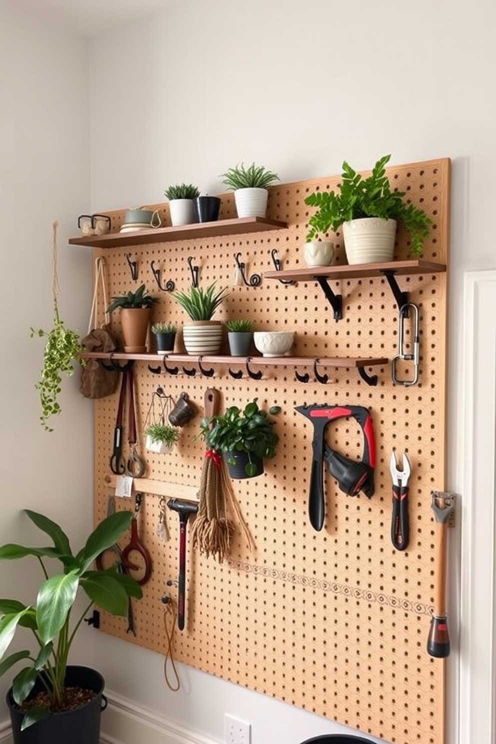 A stylish railroad apartment features a functional pegboard mounted on the wall for organized storage and display of various items. The pegboard is adorned with hooks and shelves, showcasing plants, tools, and decorative elements that enhance the urban aesthetic.