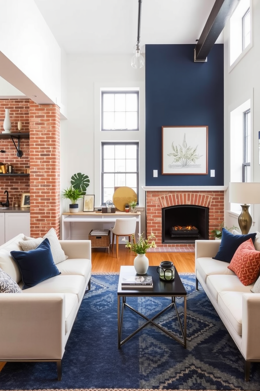 A bold accent wall in deep navy blue creates a stunning focal point in the living area. The surrounding walls are painted in a soft white, allowing the accent color to stand out beautifully against the modern furniture. Incorporate industrial elements like exposed brick and metal fixtures to enhance the railroad apartment aesthetic. A mix of vintage and contemporary decor pieces adds character and warmth to the space.